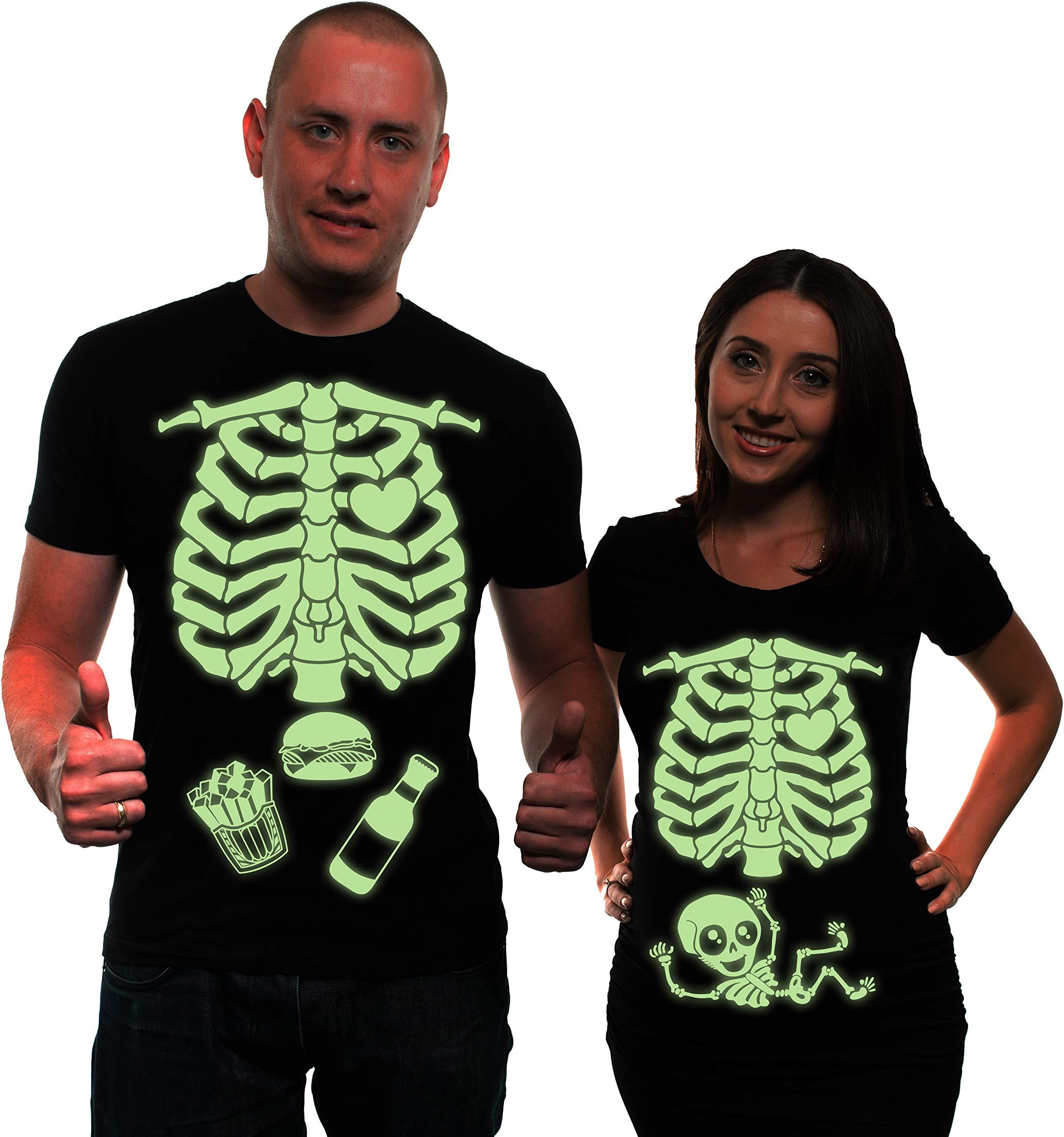 Glow in The Dark Maternity Couple Skeleton Halloween T-Shirt Costumes Party Pregnancy top