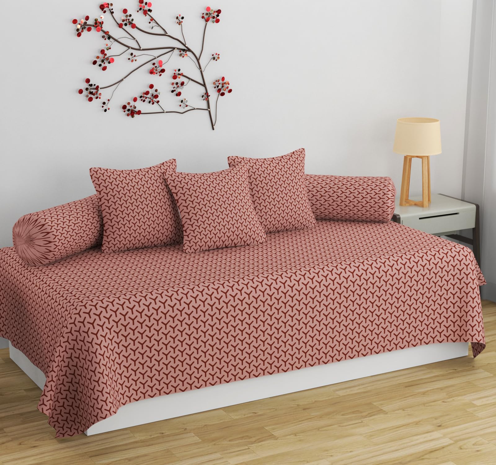 APALA Super Soft Cotton Self Design diwan Set for Living Room, diwan Set 6 Pieces One Single Bedsheet with 3 Cushion Cover,2 Bolster (Brown)-image-0