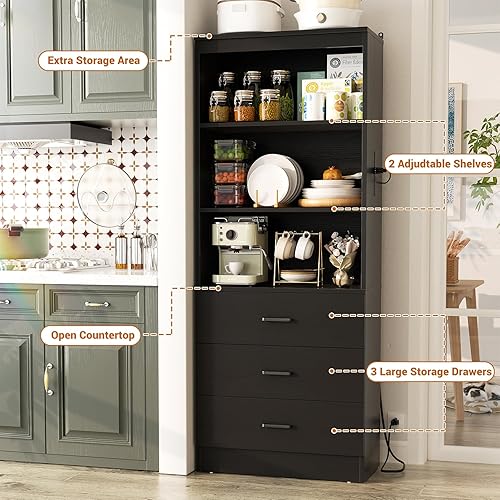 Miniatura 6 de Aheaplus Estantería de 71 pulgadas con puertos USB y tomacorrientes, estantería de madera con 3 cajones y estantes abiertos, gabinete de