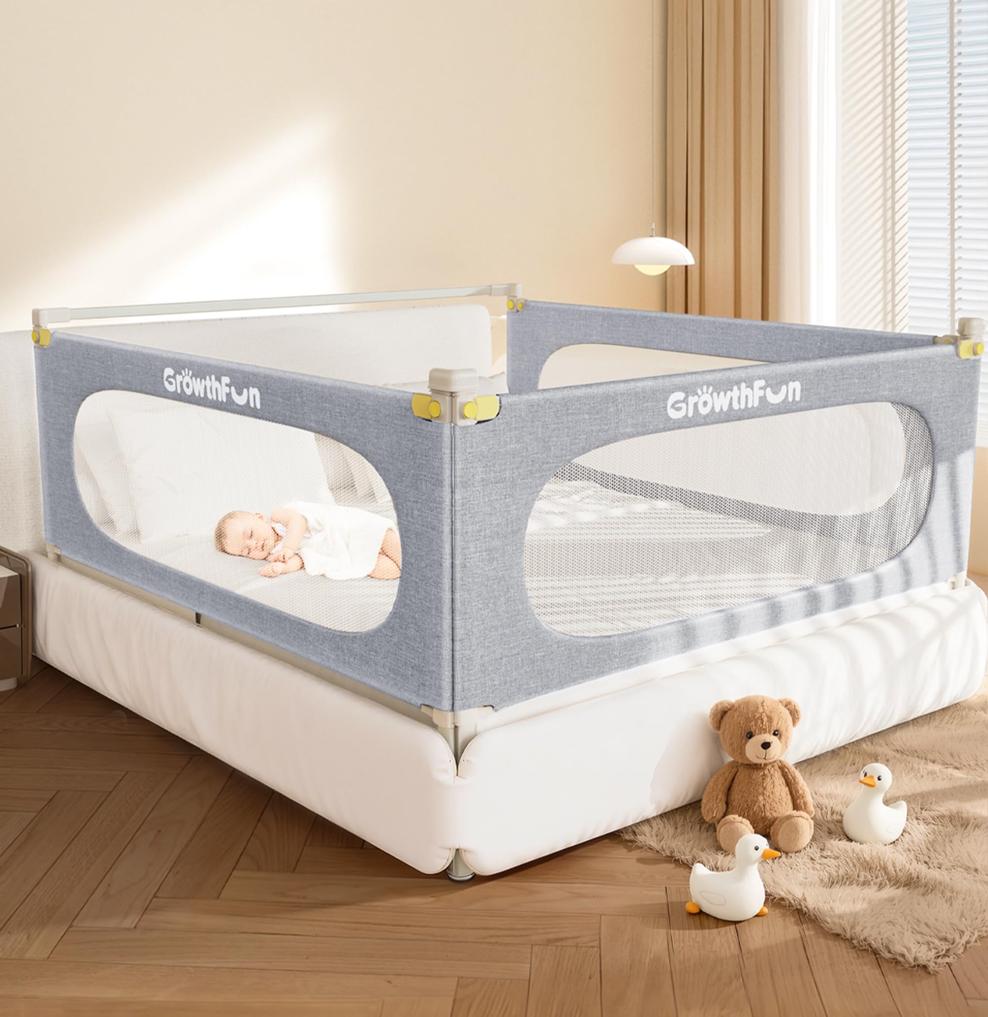 3-Piece Queen Size Bed Rail for Toddlers, Baby Bed Rail Guard with 30 Level Height Adjustable, Toddlers Safety Rail Guard for Queen Size Bed (149 * 199 * 199cm - Grey)