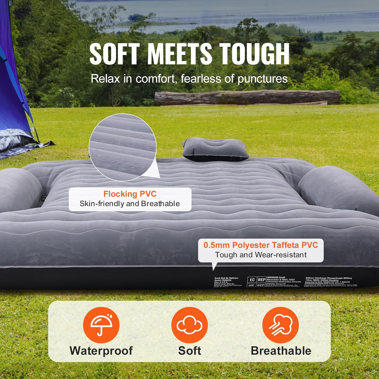 VEVOR Air Mattress for 6-6.5ft Full Size Truck Bed, Inflatable Truck Bed Air Mattress with Pump, Pillows & Carry Bag, Tent Camping Sleeping Pad Compatible with Silverado, Dodge Ram, Ford 150/250/350