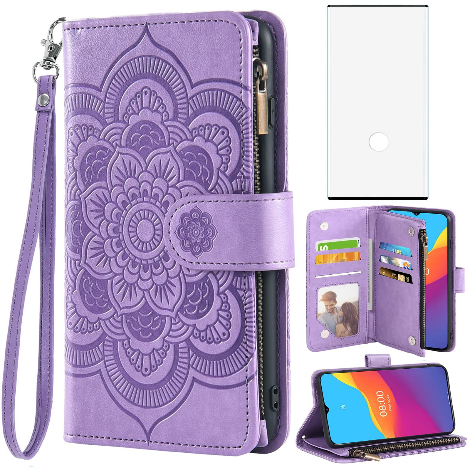 Asuwish Compatible with Samsung Galaxy Note 10 Glaxay Note10 5G Wallet Case and Tempered Glass Screen Protector Flip Card Holder Stand Cell Phone Cover for Gaxaly Notes 10s Ten Not S10 Women Purple