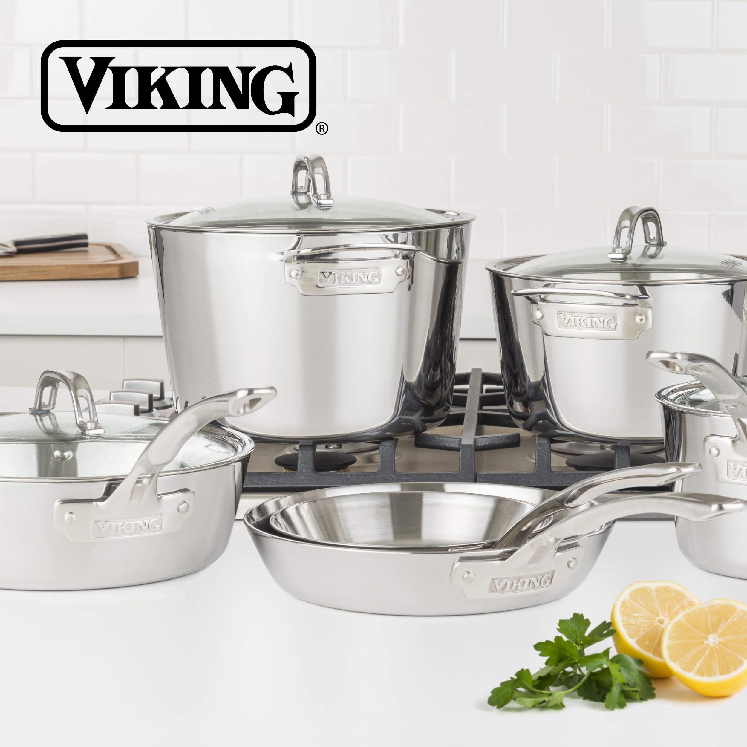 Viking 3-warstwowy zestaw garnków i patelni, 12-częściowy zestaw naczyń kuchennych ze stali nierdzewnej ze szklanymi pokrywkami, srebrne
