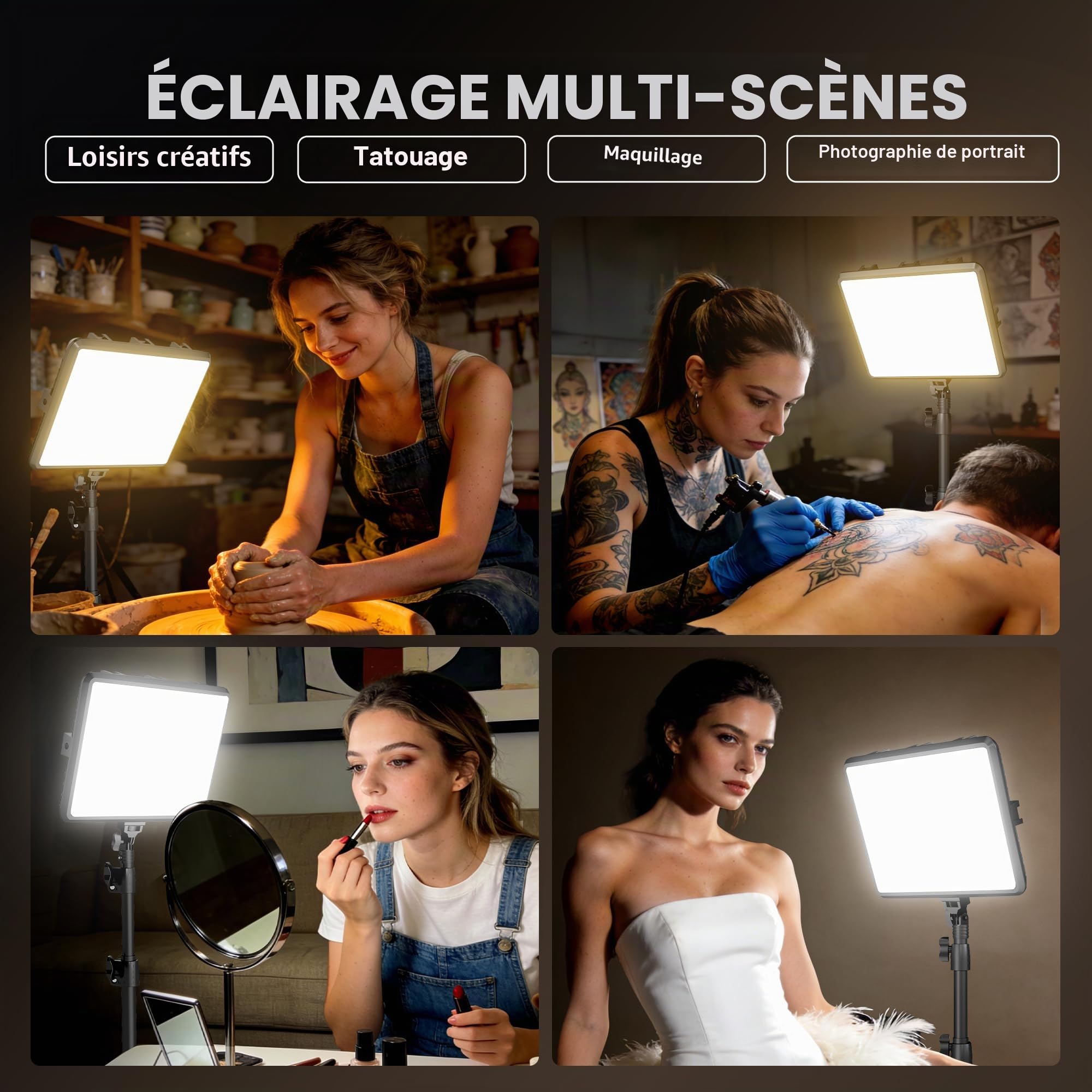 Lot de 2 Kits d'éclairage Vidéo Panneau LED 22 W, Lumière de Studio à Intensité Variable 2900-7000 K avec Trépied et Chargeur, Lumière pour Enregistrement Vidéo, Prise de Vue, Youtube