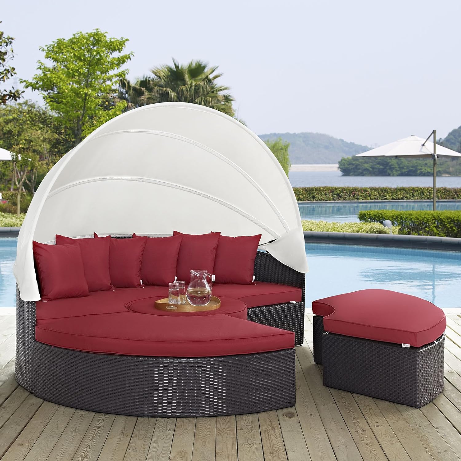 Modway Convene Wicker Rattan Outdoor Patio Retractable Canopy Round Poolside Sofa Daybed in Espresso Mocha
