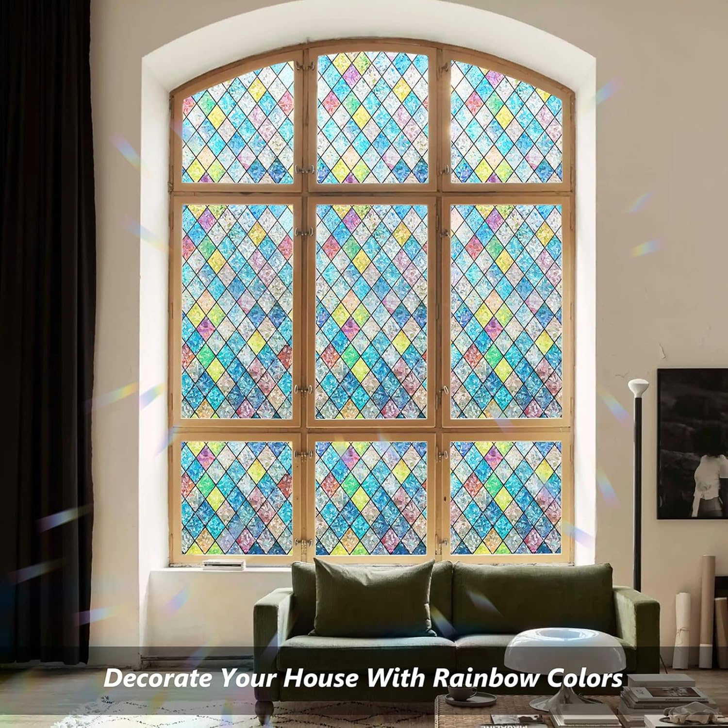 LEMON CLOUD Stained Glass Window Film,Rainbow Window Privacy Film,Colorful Decorative Window Film,Static Cling Window Covering Film for Home (Lattice,23.6 x 157.4 Inch)