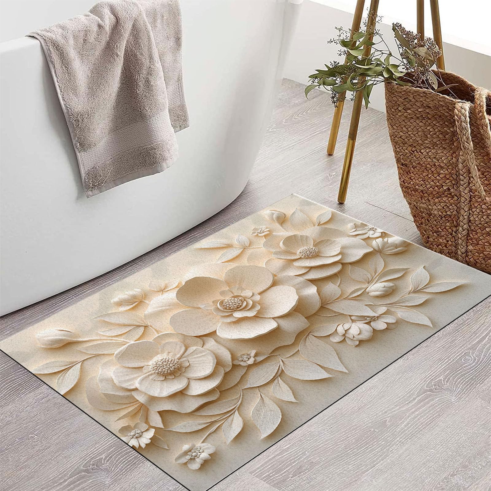 Zerbino Ingresso Interno Rilievo Floreale 3D Elegante, Zerbino Di Benvenuto Lavabile Morbida Estetica Delicata Delle Piante, Antiscivolo Tappeto Da Decorazioni Beige Per Casa Porta, 60X90Cm