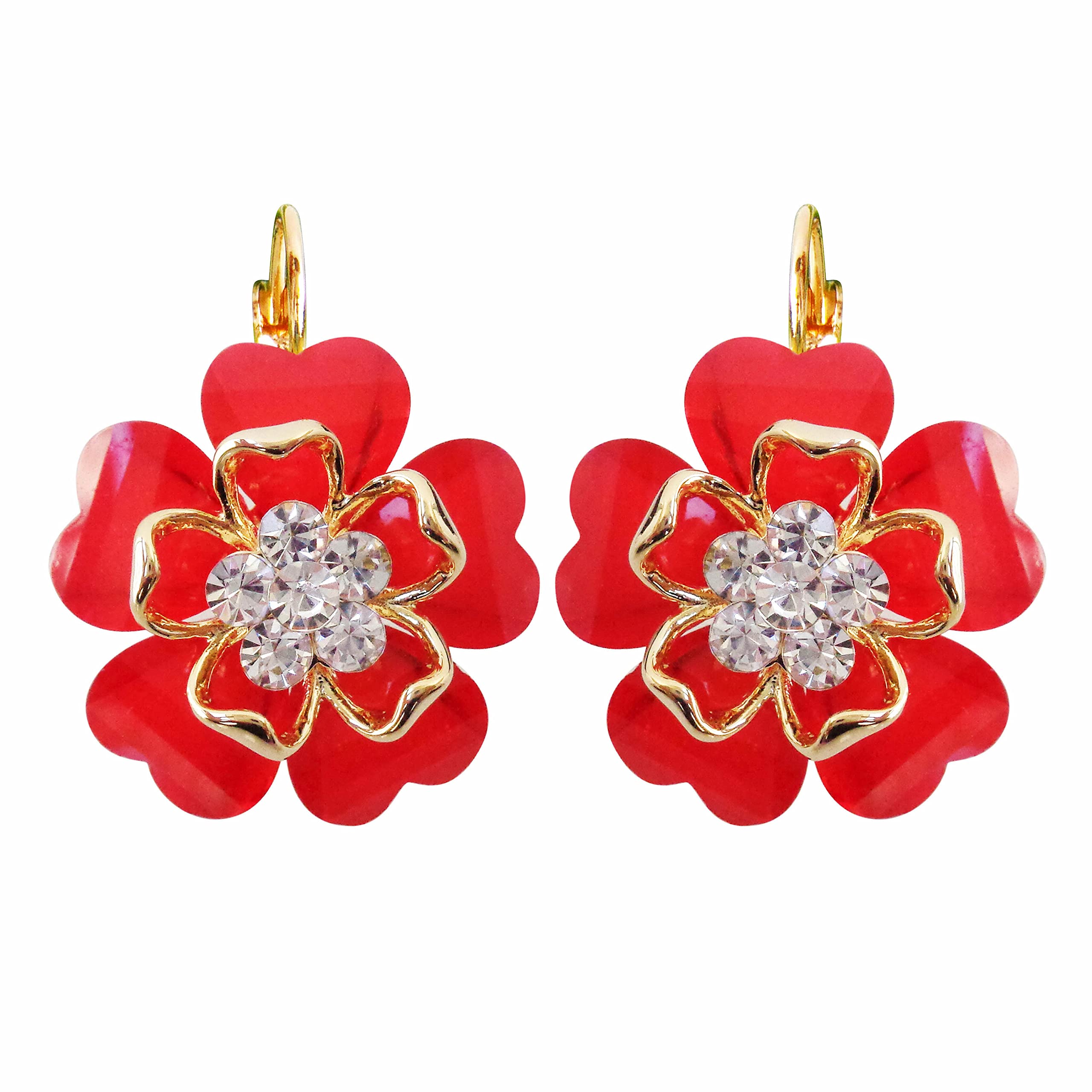 Navachi18k Gold Plated White Crystal Acetate Blooming Flowers Leverback Earrings