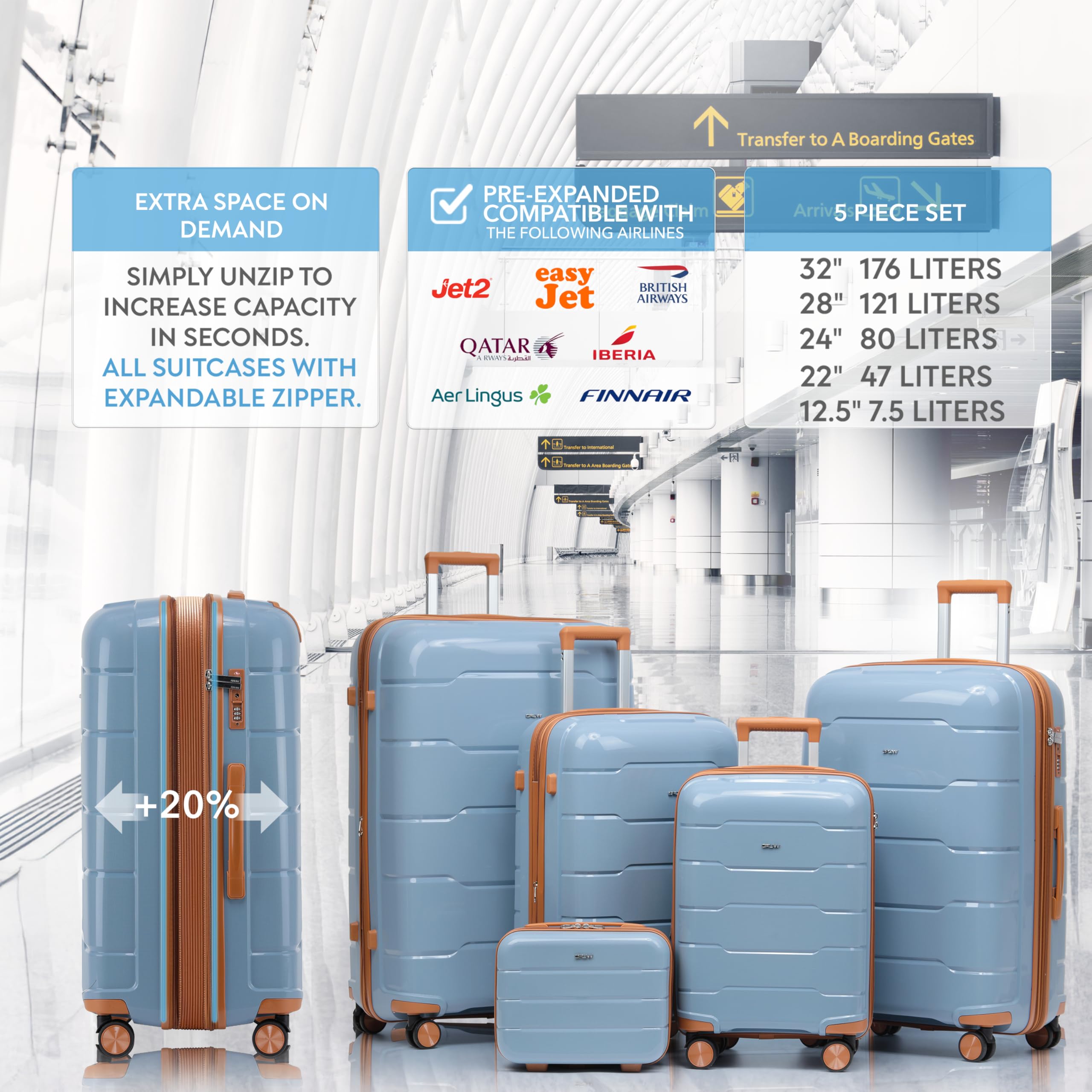 CRUW Hand Luggage 22" Expandable Lightweight Cabin Bag TSA Approved Lock Silent Wheels with Vanity Case Durable Polypropylene Luggage Suitcase Fits 56x45x25cm Overhead Carry On for easyJet.