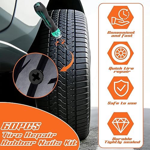 Miniatura 2 de Juego de 60 clavos de goma para reparación de neumáticos, tapones de tornillo de neumáticos al vacío, herramienta de reparación rápida de neumáticos