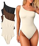 OQQ Women's 3 Piece Sexy Ribbed One Shoulder Sleeveless Exercise BodySuit, Black Coffee Beige, Medium