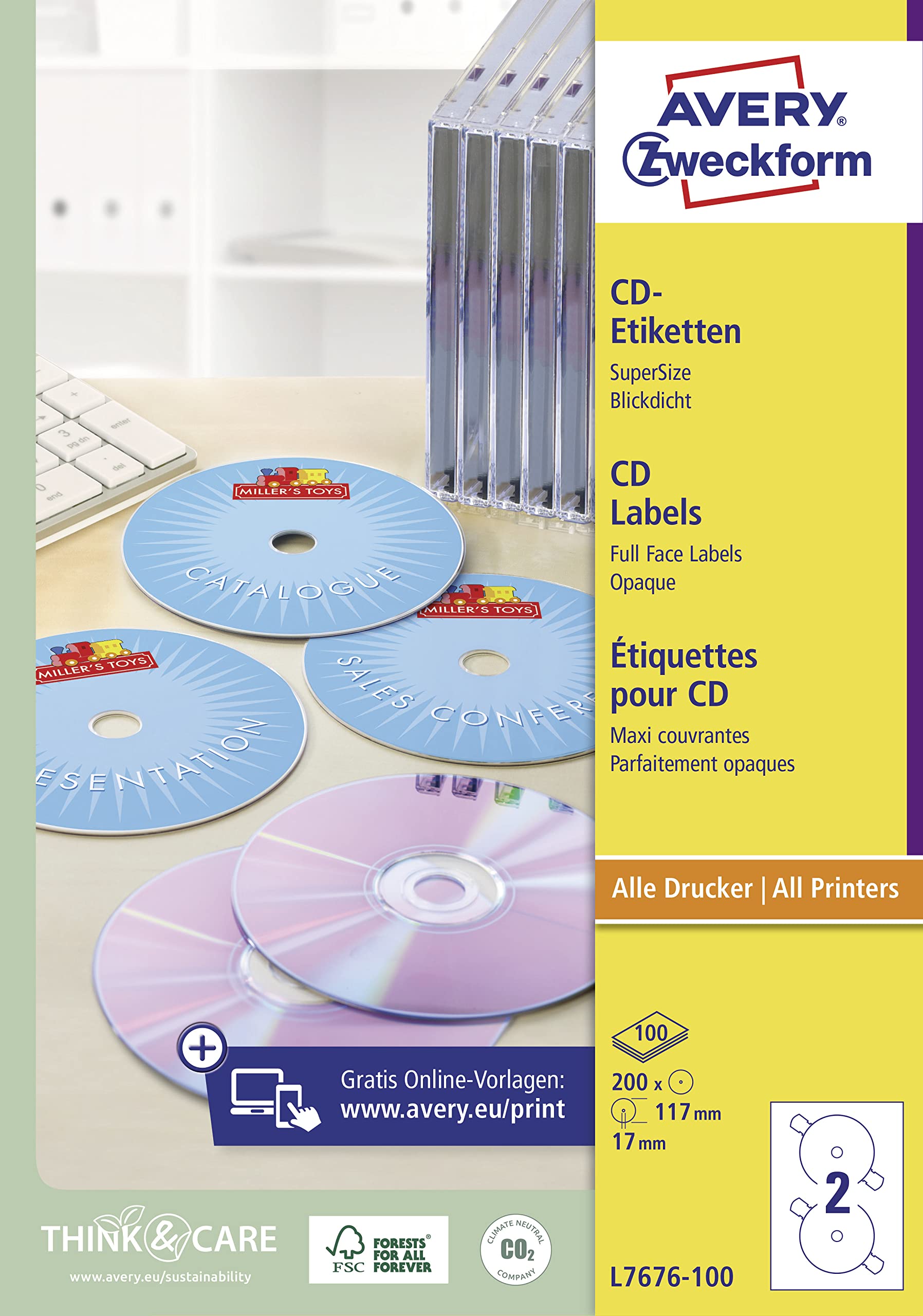 AVERY Zweckform L7676-100 selbstklebende CD-Etiketten 200 blickdichte CD-Aufkleber Ø 117mm A4 Papier matt 100 Blatt weiß