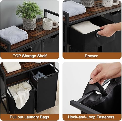Miniatura 4 de GNIXUU Cesta de lavandería doble con estante superior y cajón de almacenamiento cesta de lavandería de 2 secciones con 2 bolsas clasificadoras de