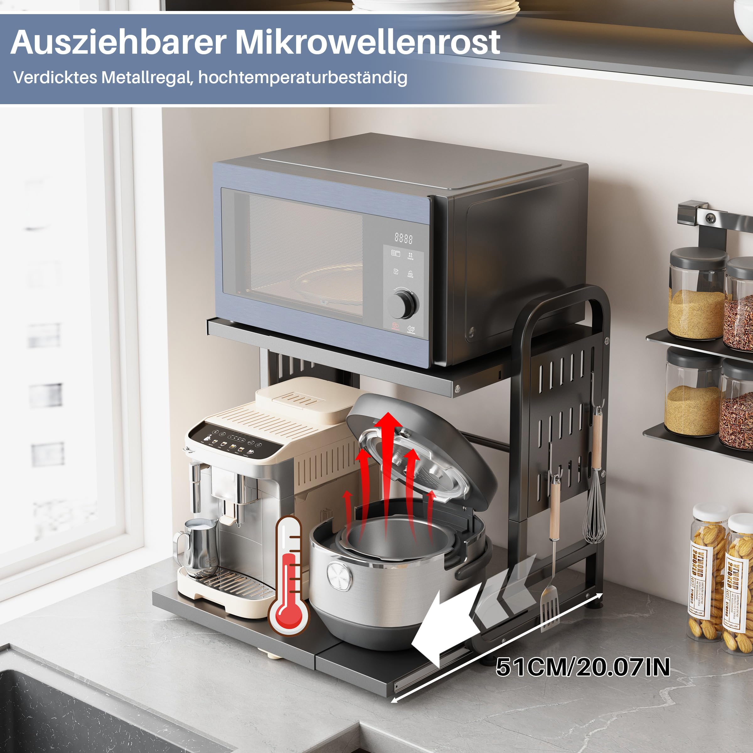 Mikrowellenregal Ausziehbar mit Schublade, 2-stöckig, Schwarz | 6 Metallhaken, Airfryer-Gestell, Backgestell, Küchen-Arbeitsplatten-Aufbewahrungsgestell
