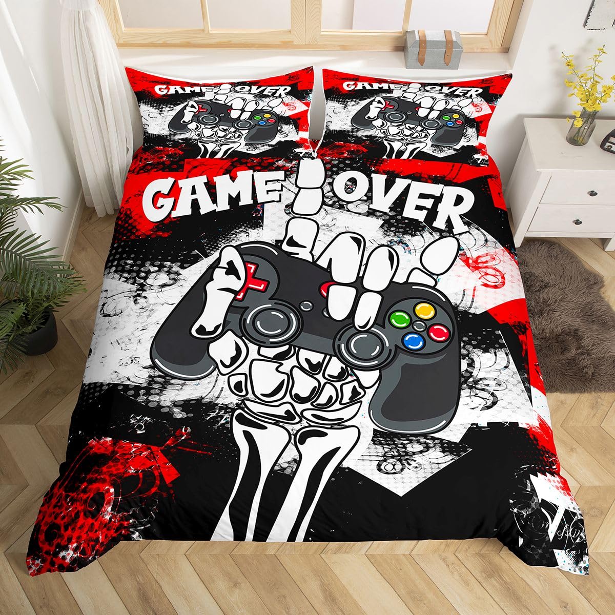 Loussiesd Kids Gamepad Duvet Cover, Boys Gamer Bedding Set Teens Game Gaming Comforter Cover Single Size, Black Red Gamepad Controller Decor for Girls Adults Modern โ image 1