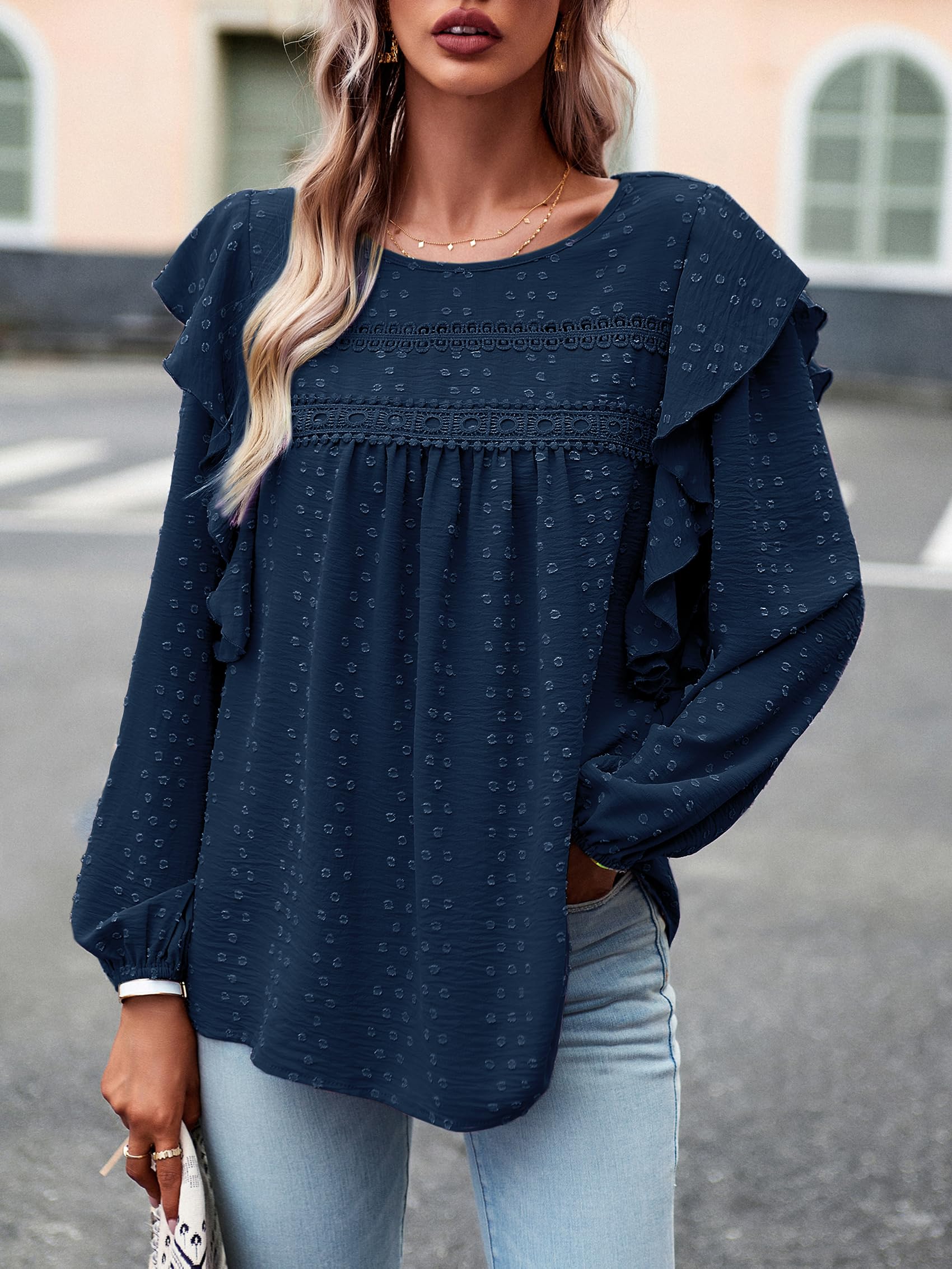 Blusas Túnicas para Mujer Elegante Mangas Volantes Swiss Dot Encaje Frente Plisado Streetwear Cuello Redondo Blusa Camisera