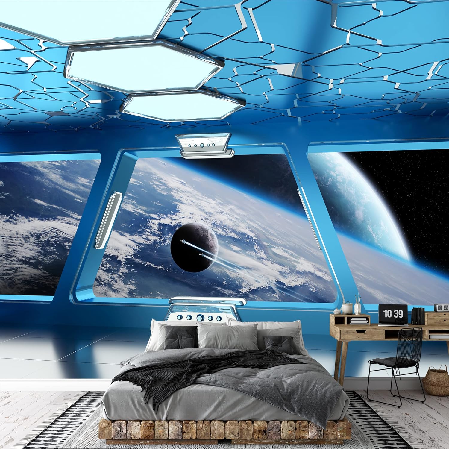 wall26 Removable Wall Sticker/Wall Mural Cosmic Space Station View Earth Cloud Astronomy & Space Sci-Fi Fantasy Digital Art Realism Decorative Interstellar for Living Room, Bedroom, Office - 100"x144"