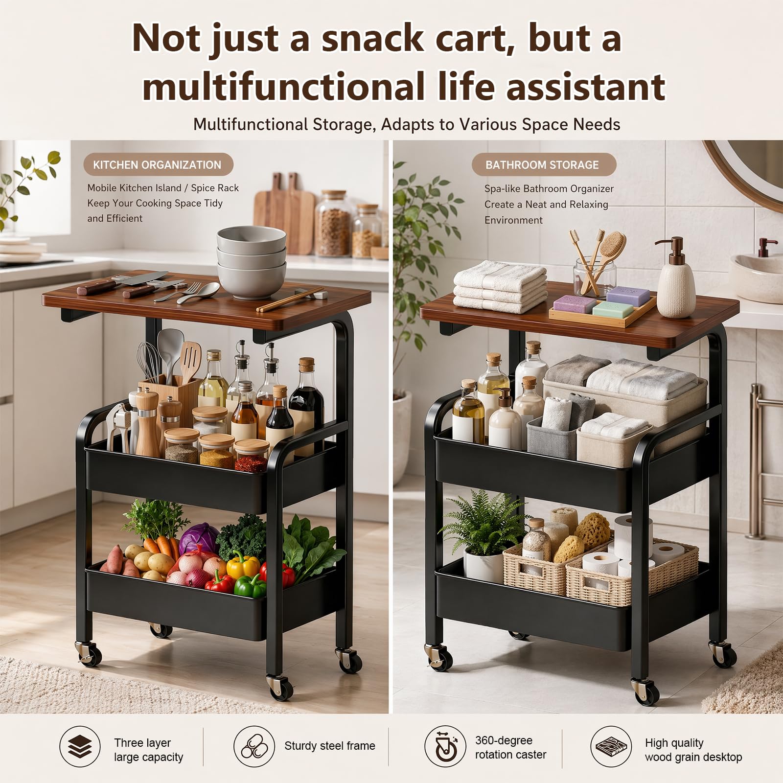 Carrito con ruedas de 3 niveles, carrito de cocina con ruedas, carrito de libros, carrito de servir, carrito de manualidades, carrito de metal con tablero de mesa, estante multifuncional para