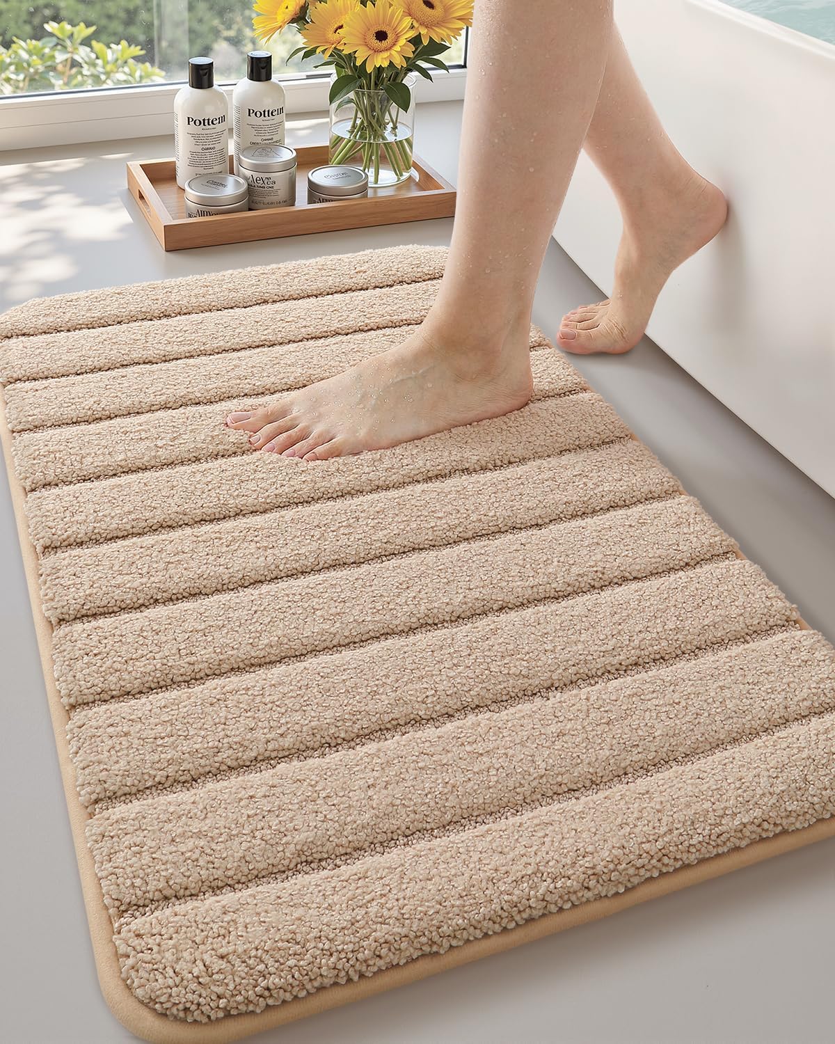 Color&Geometry Khaki Bathroom Rug,24"x60" Ultra Soft Plush Bath Mat for Bathroom Floor, Super Absorbent Quick Dry Carpet with Rubber Backing, Non Slip Washable Shower Mat for Tub