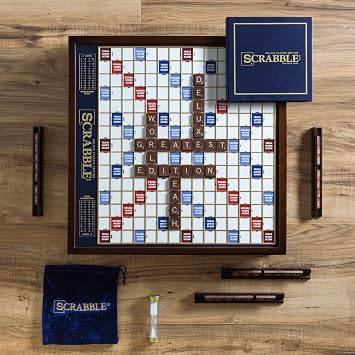 WS Game Company Scrabble Deluxe Edition Board Game Featuring a Rotating Wooden Game Cabinet with Built-in Storage and Raised Letter Tile Grid Board Games for 2-4 Players (Ages 8+)