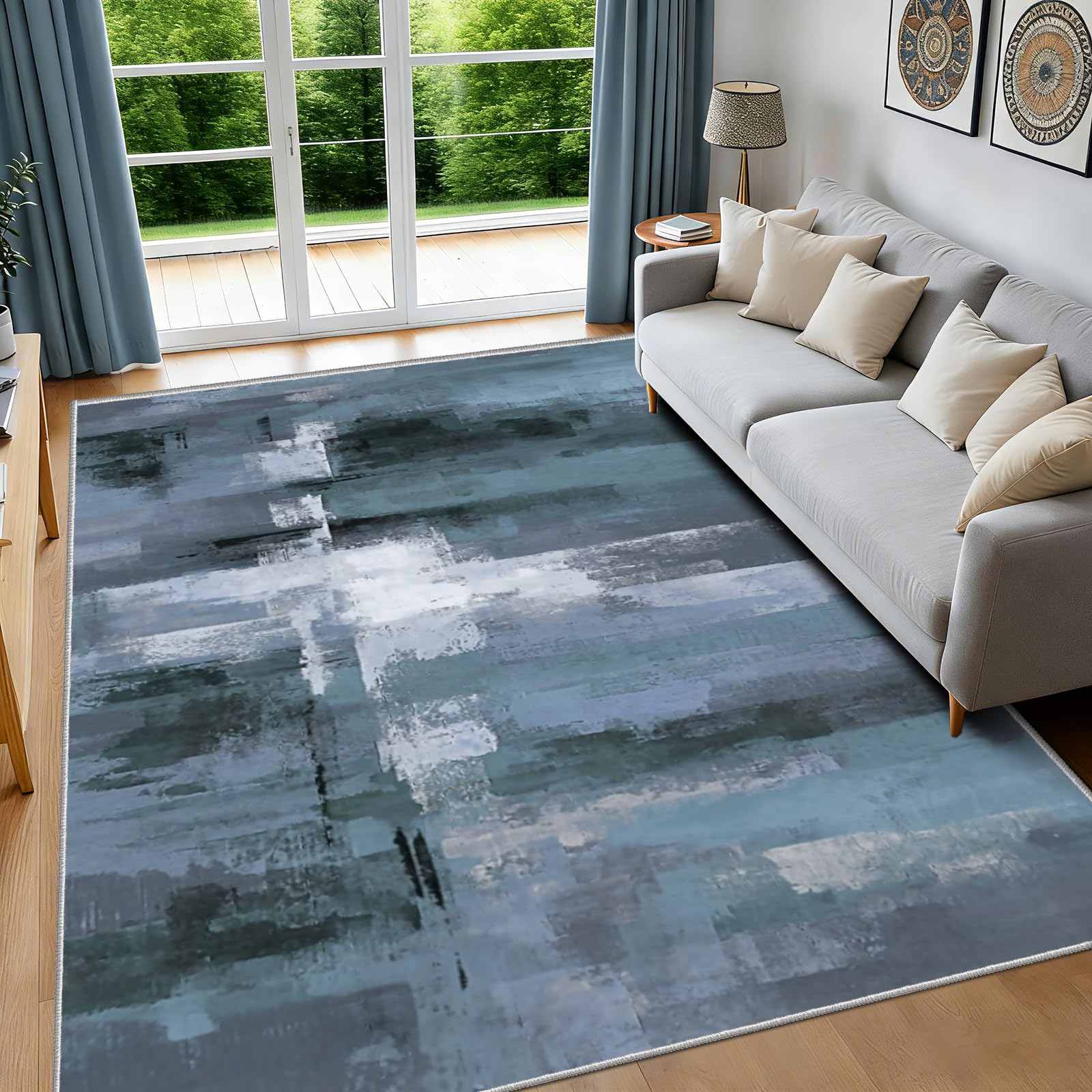 FTCJWL Blue Abstract Area Rug,Machine Washable Rug for Living Room, Teal & Grey Modern Watercolor Art Carpet, Soft Low Pile Non-Slip Indoor Rug for Bedroom Dining Room, 80x120cm