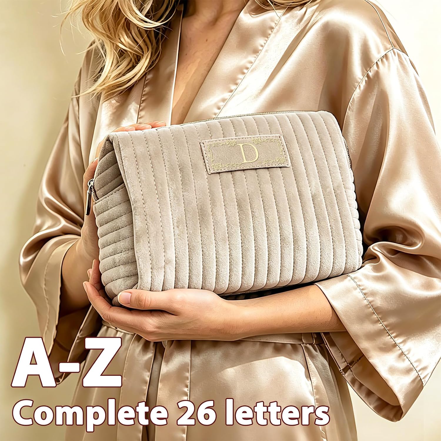 Personalized Makeup Bag Initial Gifts Bags for Women Girls (Champagne, M) image 2