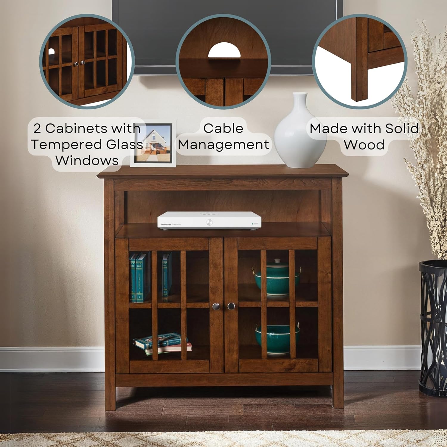 Pemberly Row 42" TV Stand Entertainment Console, Dark Walnut Finish, Solid Pine and Birch Veneer, Tempered Glass Doors, Open Storage, Enclosed Shelves, Cable Management, Living Room or Bedroom