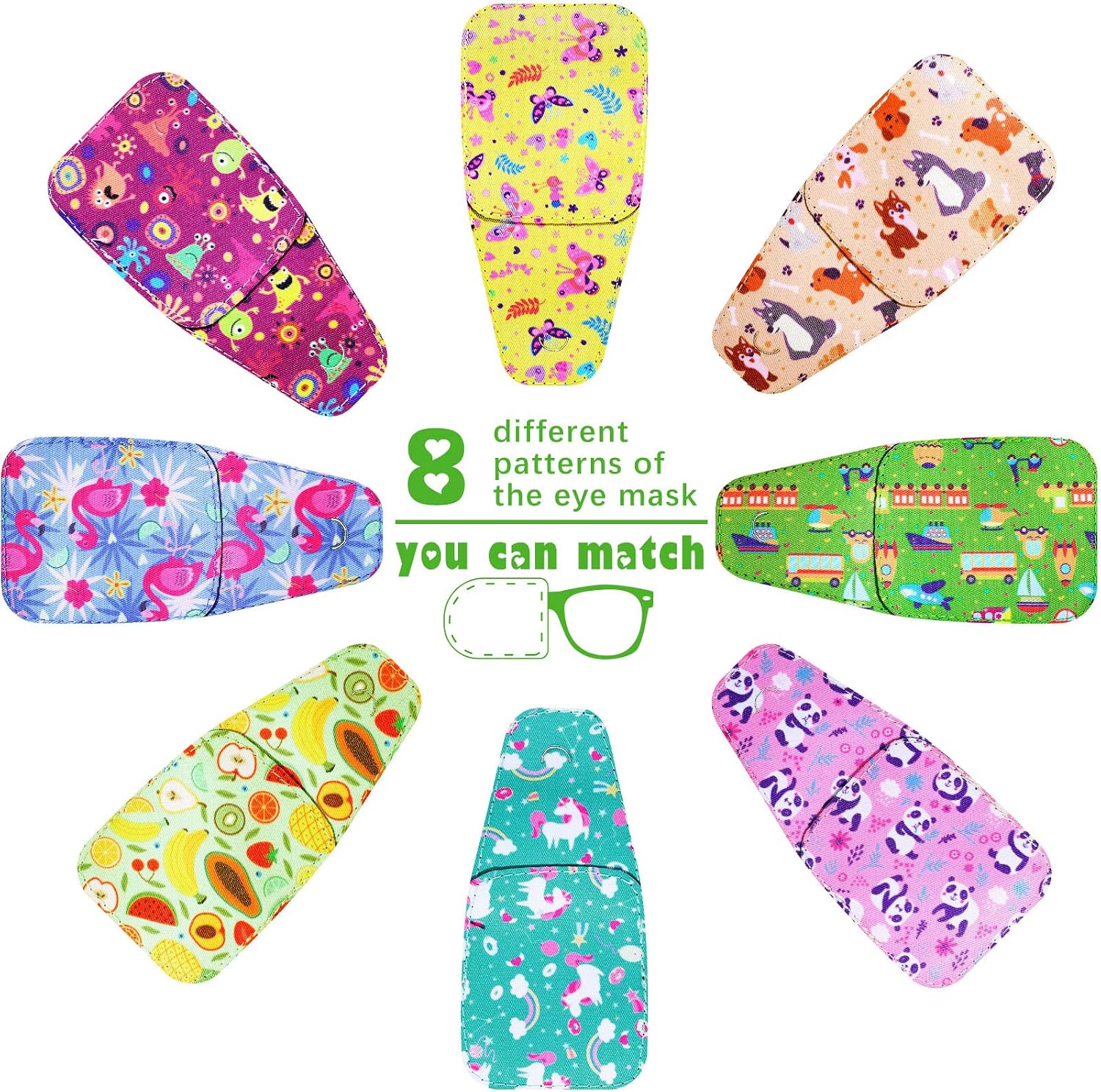 Treela 8 Pcs Eye Patches for Kids, Eyepatch for Glasses to Cover Either Eye Cartoon Eye Patching Fabric Patch for Kids Boys Girls(Cute Style)