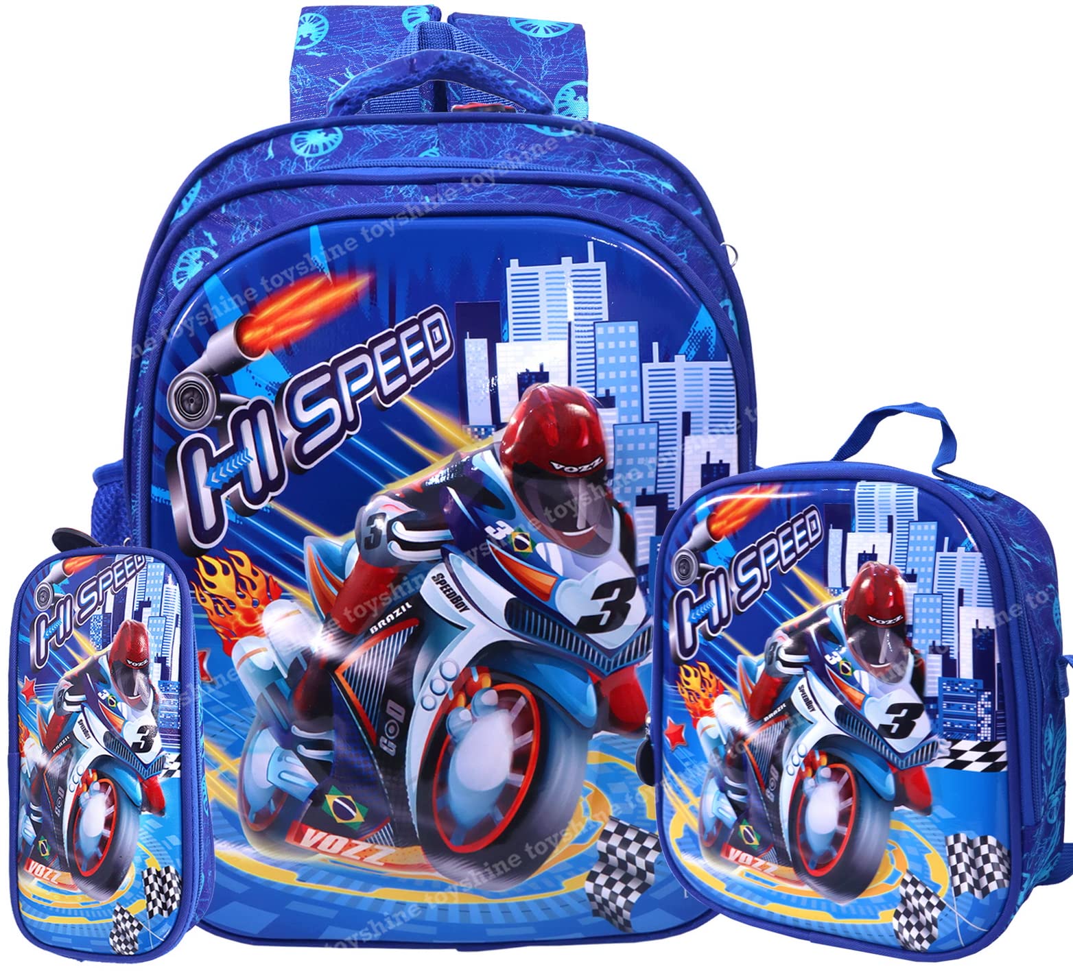 toyshine Kids Backpack 20 inches with Pencil Case and Lunch Box Bag School Backpack for Boys Girls Lightweight Toddler Schoolbag Preschool Elementary Leisure Bag- 3 Pc Set Speed Bike Multicolor-picture-47