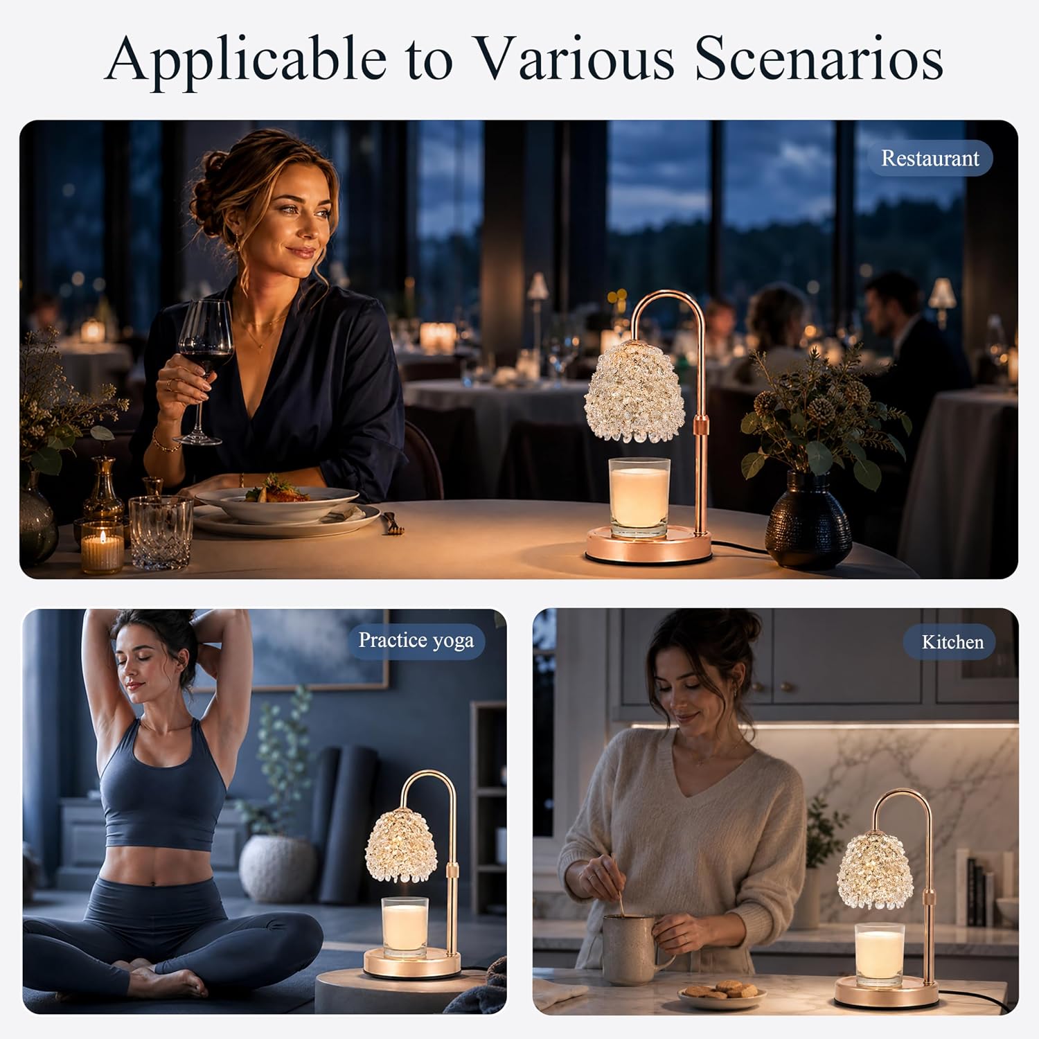 Crystal Candle Warmer Lamp with Timer, Adjustable Height, Dimmable | Hand-Embedded Glass Crystal Lampshade, Electric Wax Warmer for Jar Candles, Rose Gold Home Decor, Birthday Gifts for Women