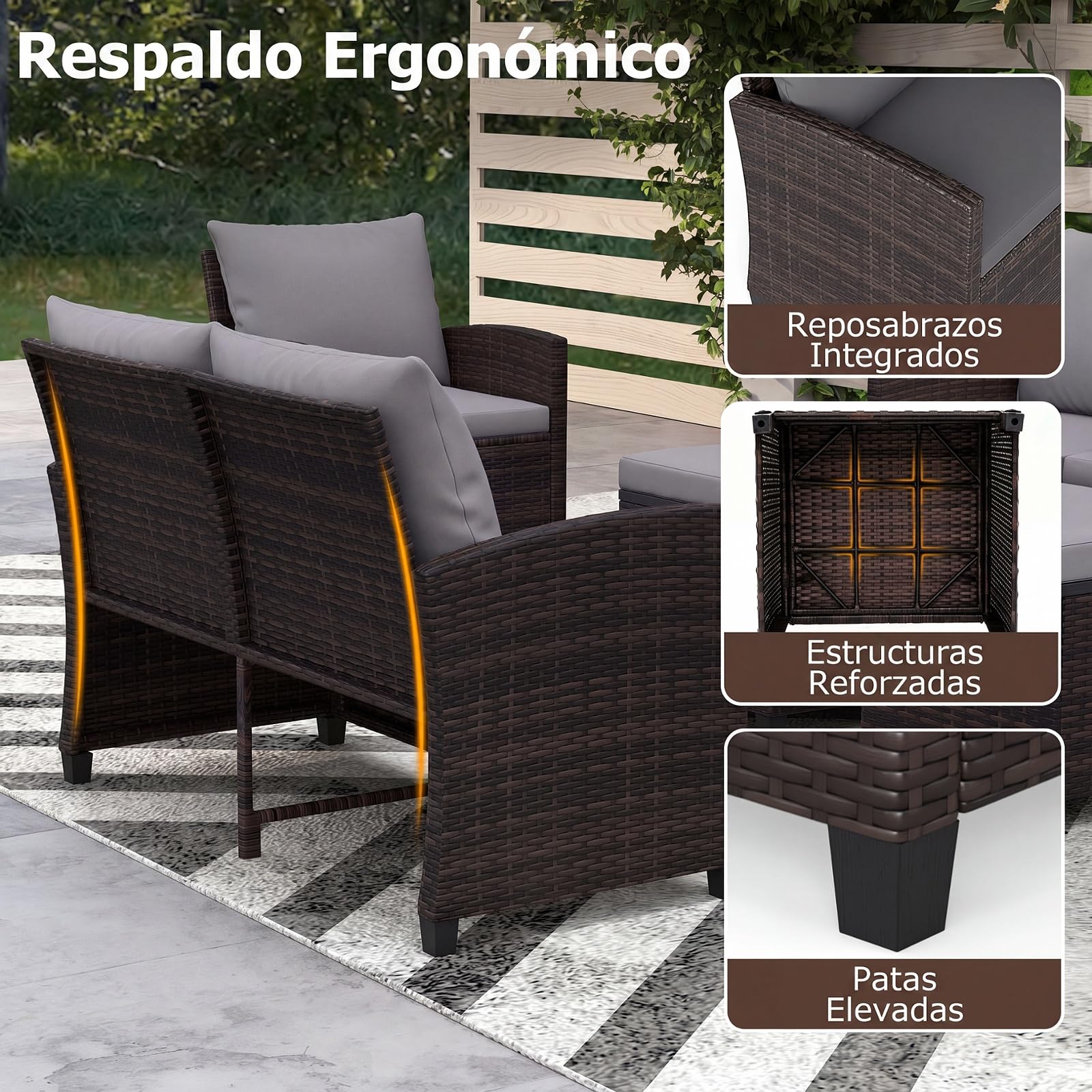COSTWAY Conjunto Jardín de Ratán de 6 Piezas, Muebles Jardín Exterior con 2 Sofás, 2 Sillones, 2 Reposapiés, 16 Cojines Acolchados, Juego de Conversación para Terraza, Patio, Piscina (Gris)