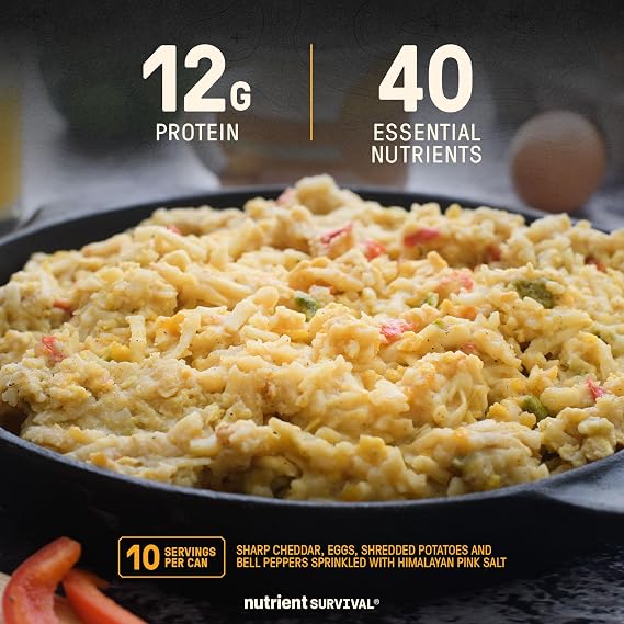 Nutrient Survival MRE Home Style Scramble Eggs, Ready to Eat 10 Servings, Freeze Dried Prepper Supplies & Emergency Foods, 40 Essential Nutrients, Stable up to 25 Years - 1 Can