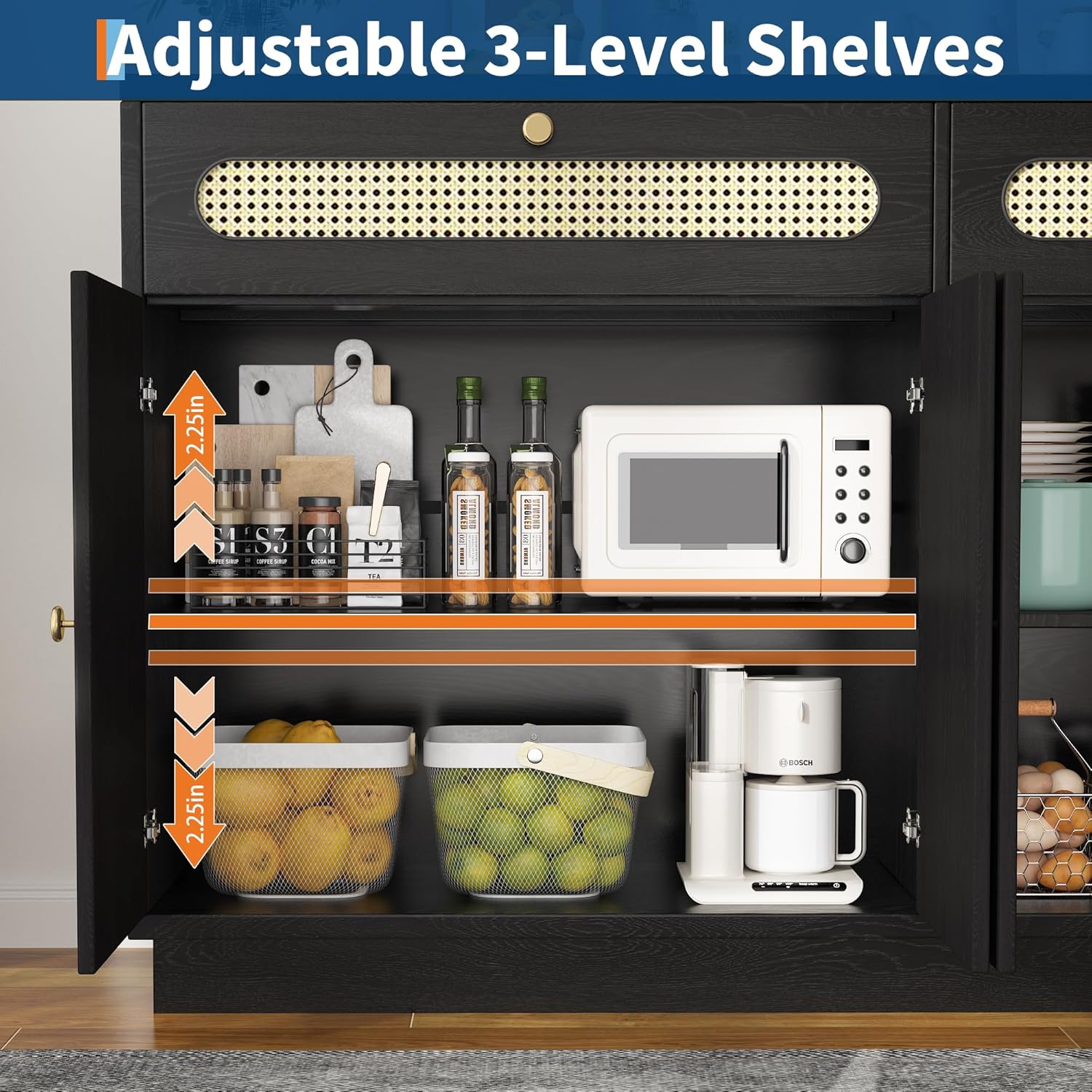 GarveeLife 60'' Rattan Sideboard Buffet Cabinet with 2 Drawers & 4 Rattan Doors and Adjustable Shelves & Storage