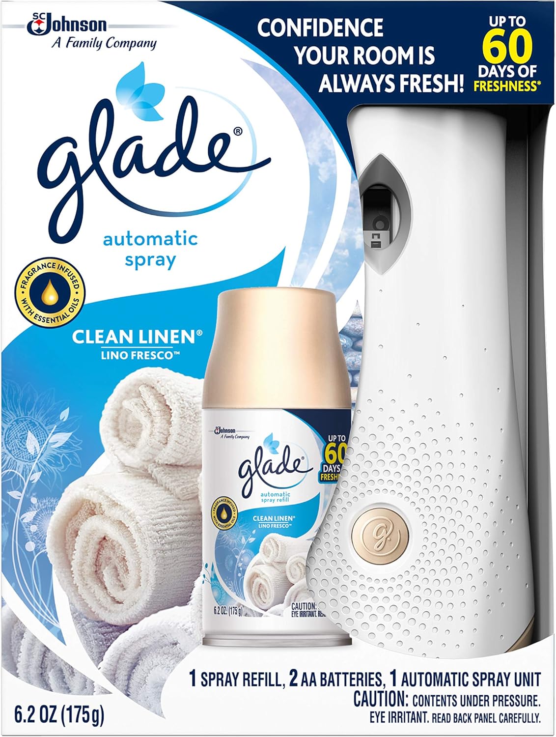 Pack of 4 - Glade Automatic Spray Air Freshener Starter Kit, Clean Linen, 6.2 Fluid oz, Blue