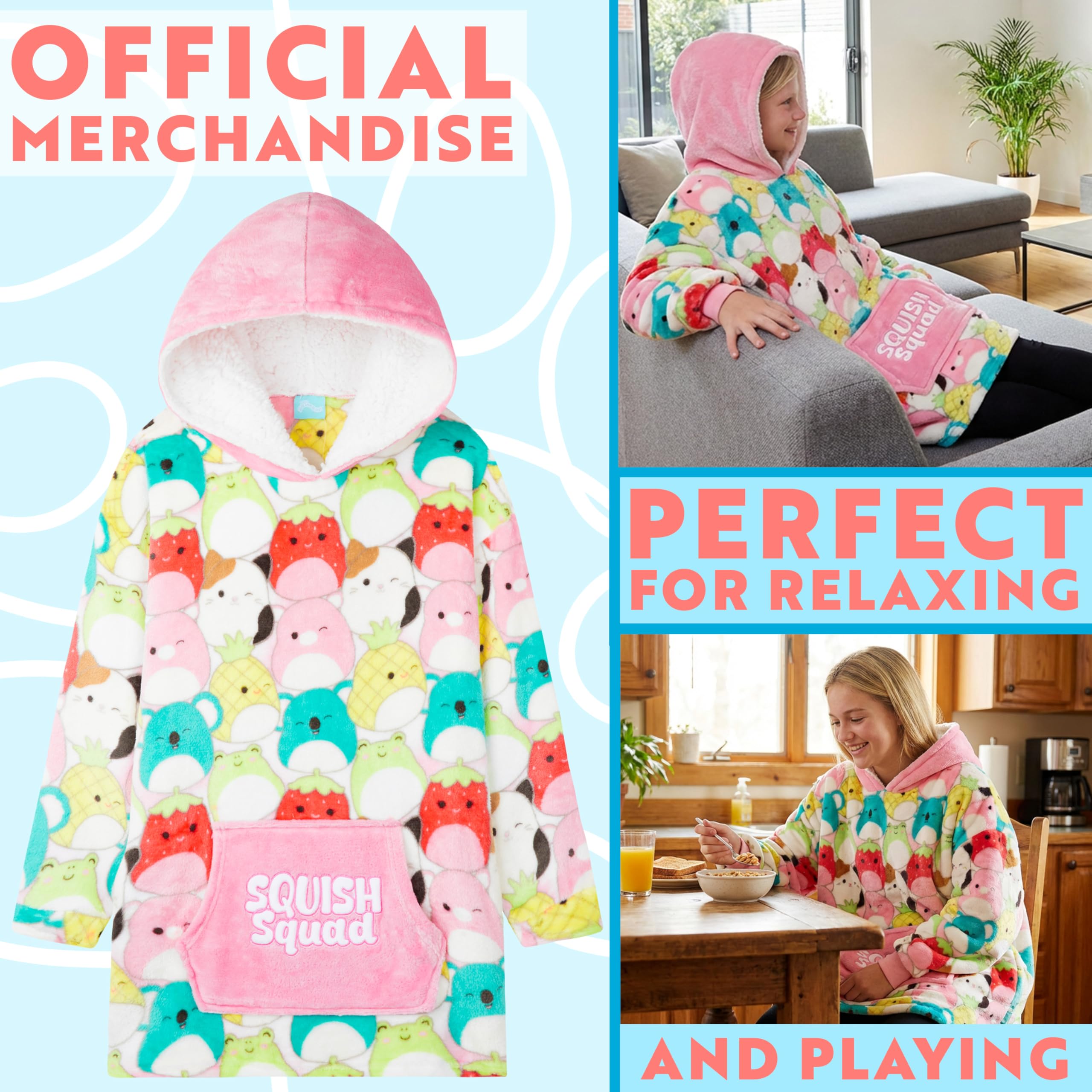 Squishmallows Bluza z kapturem dla dziewczynek w wieku 6-14 lat, śliczny polarowy koc bluza oversize, prezenty dla niej