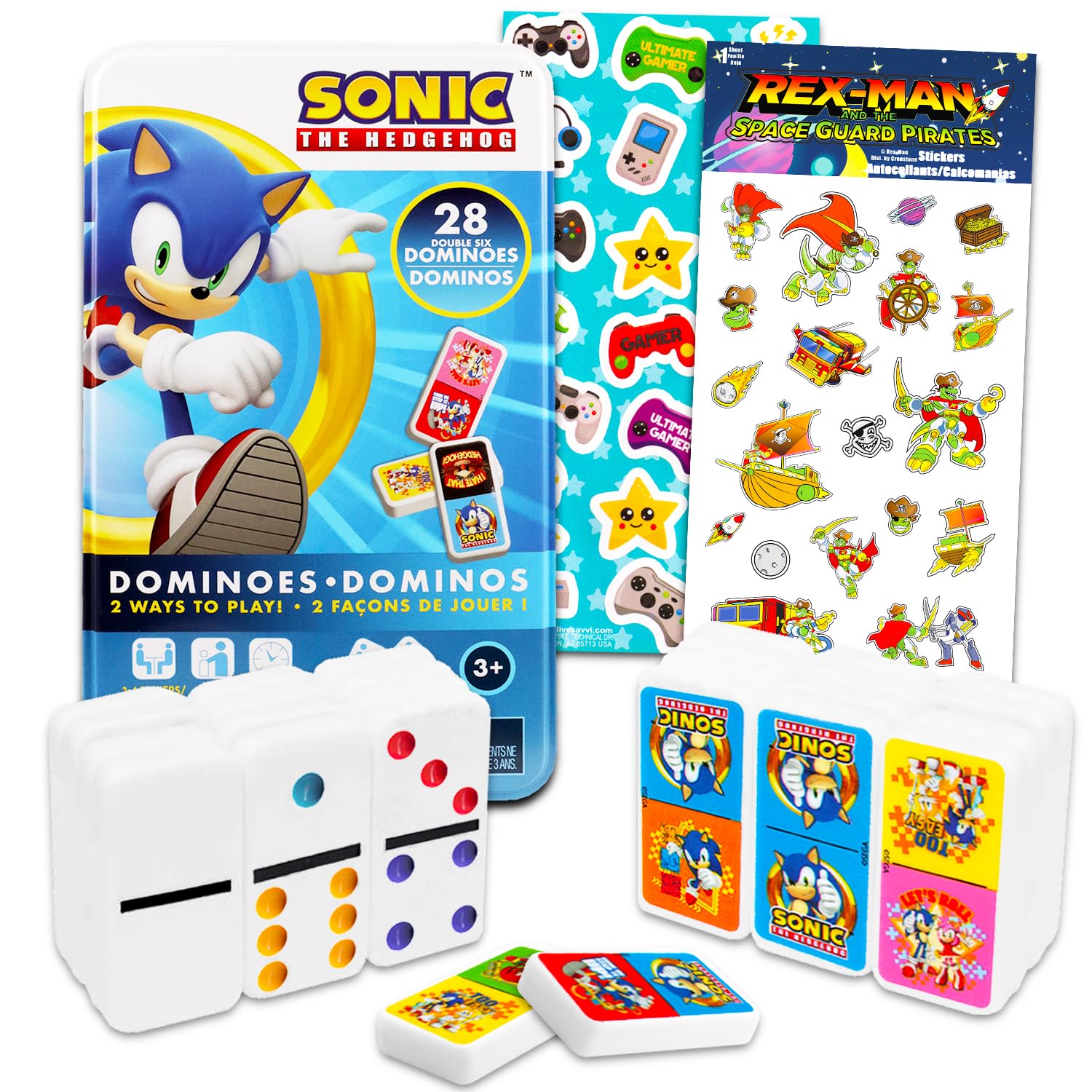Sonic the Hedgehog Dominoes Set - Bundle with Sonic Dominos Board Game Plus Stickers, More | Sonic Games for Kids, Boys, Girls