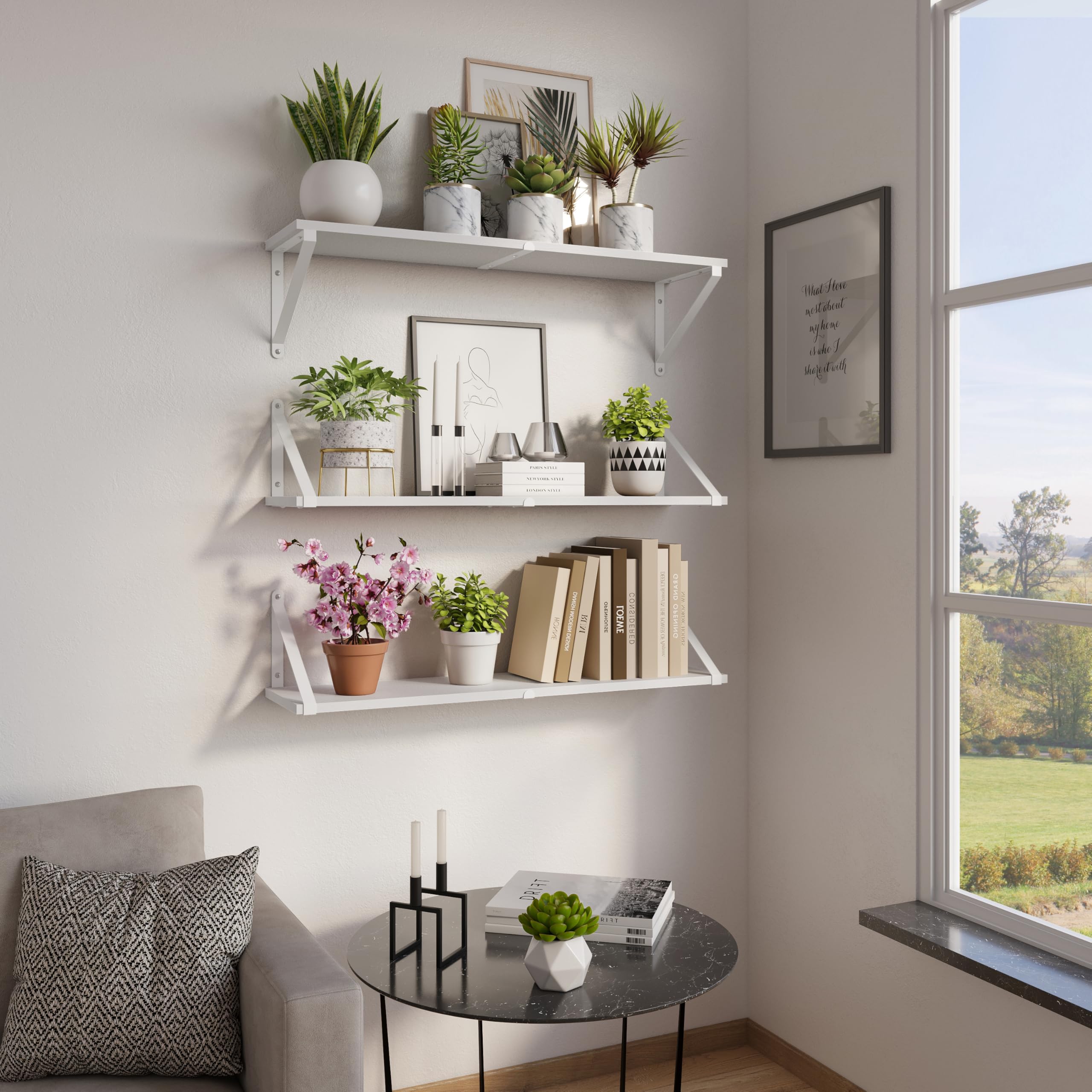 CASSA ZENO Étagères murales suspendues pour le mur, lot de 3, 80 cm x 20 cm Étagère Bibliothèque pour chambre à coucher Salon Bureau Salle de bain Cuisine Bois rustique avec support métallique (blanc)