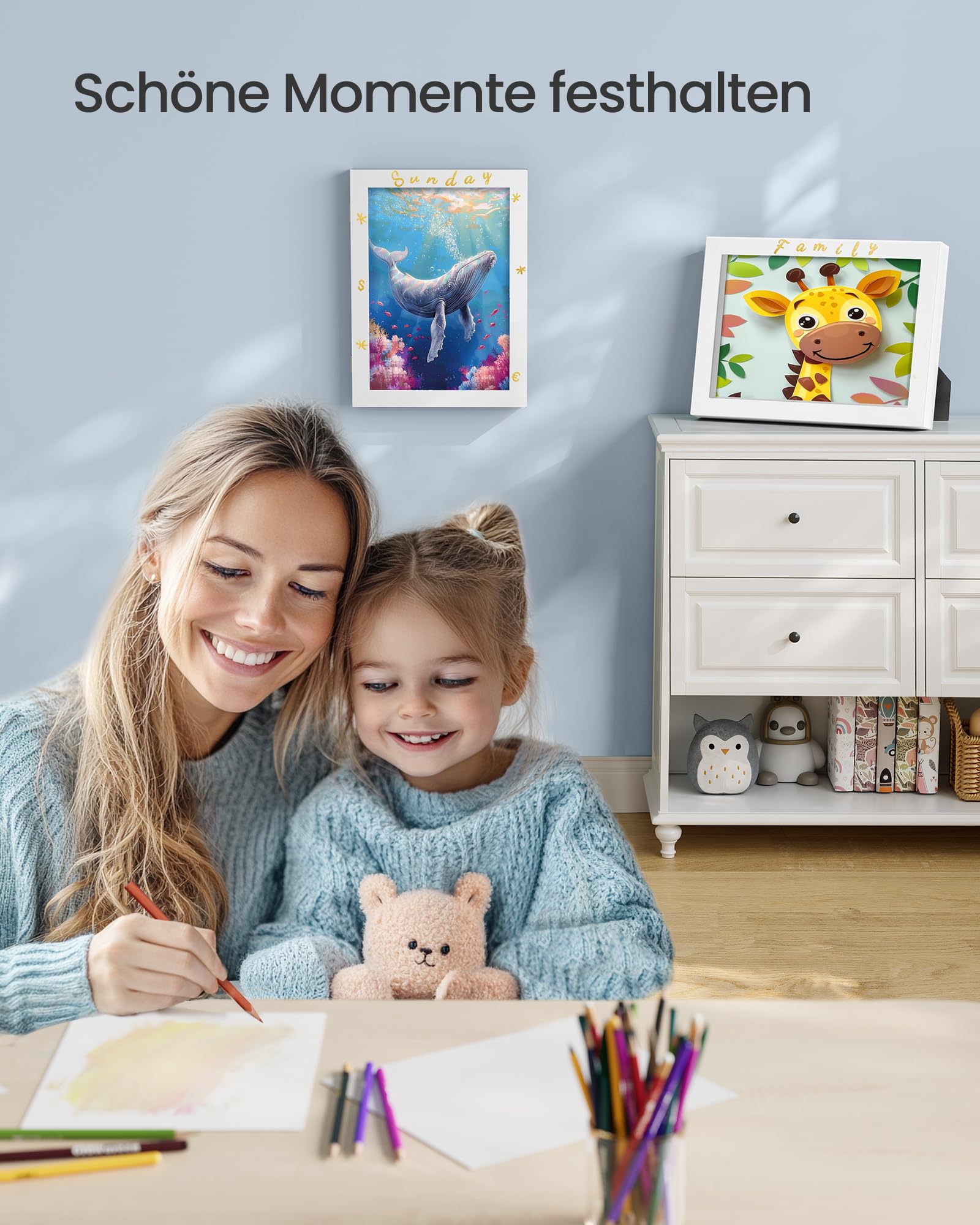 SONGMICS Bilderrahmen 2er Set, A4, 22 x 28 cm, Kinderauszeichnungen, jede Box für bis zu 150 Zeichnungen, MDF, Glas, Passepartout, Sticker, spurlose Wandhaken, 34,5 x 25,5 cm, mattweiß RPF052W02