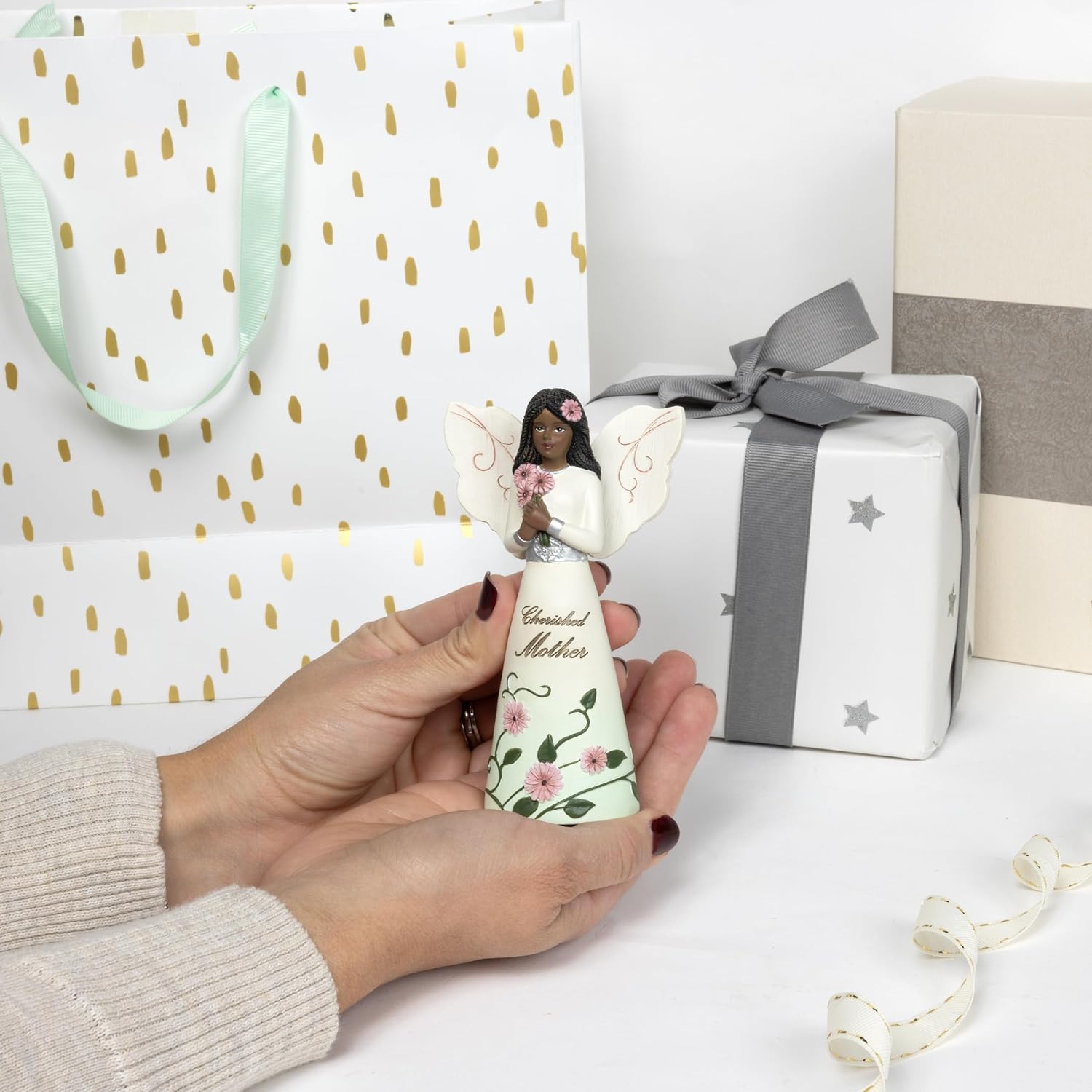 Pavilion Gift Company - Cherished Mother - 5" Ebony African American Angel Figurine Floral Spring Home Decor Mommy Mama Mom Present from Daughter Son Kids image 4