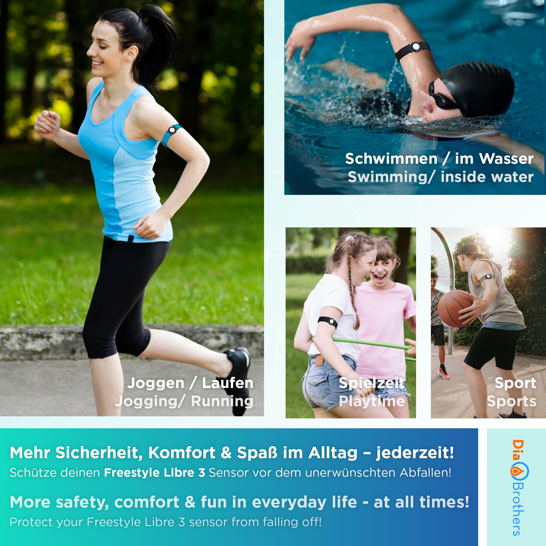 DiaBrothers® Fixierband für Dexcom G7 Sensor | Wasserfest & flexibel | Sicherer Halt & Schutz | Verstellbares Armband - Halter: schwarz - Armband: schwarz - Größe: M (25-35 cm)