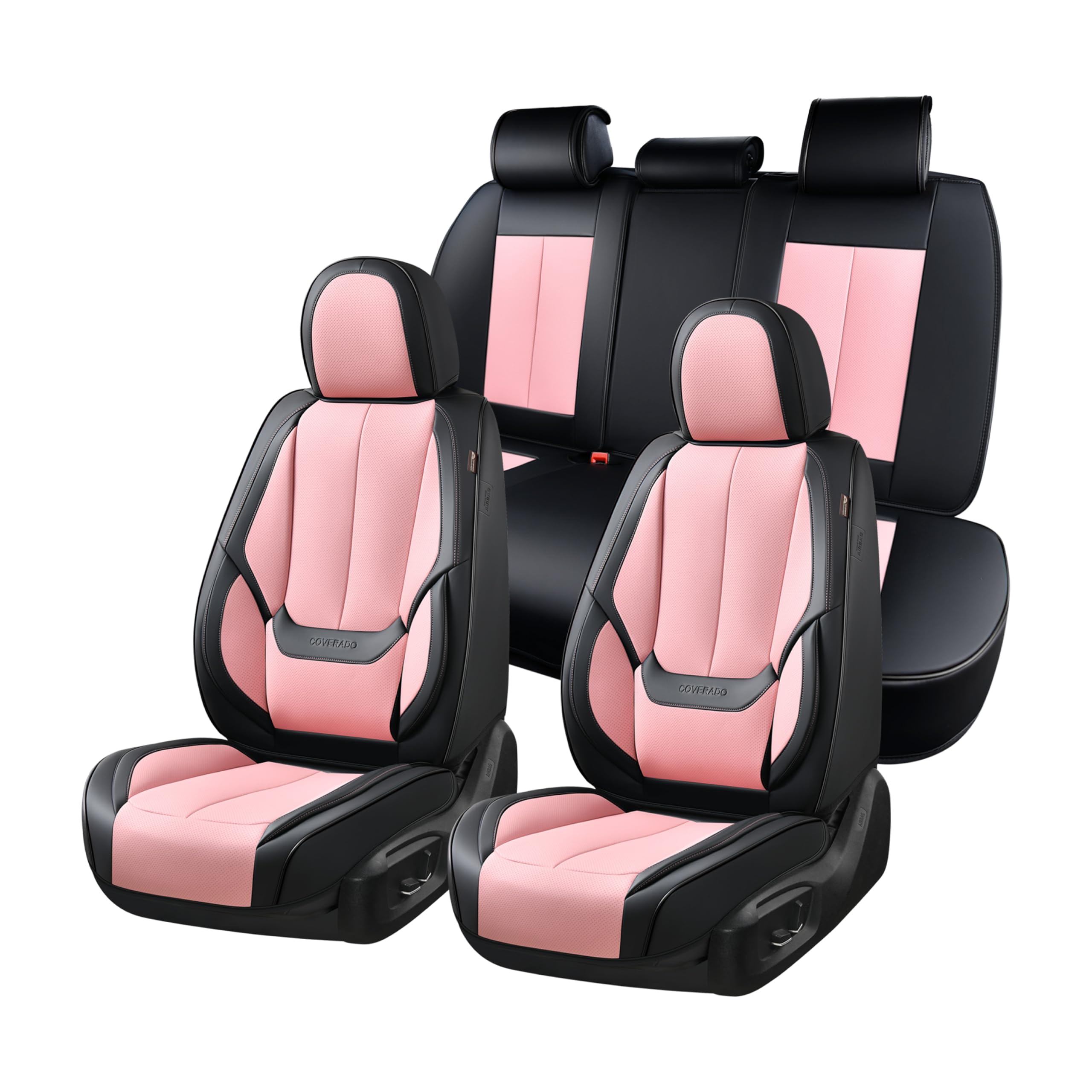 Coverado Car Seat Covers Full Set, Seat Covers for Cars, Car Seat Covers Front Seats and Back Car Seat Protector Waterproof, Leather Car Seat Cushion Universal Fit for Most Cars, Black-Pink