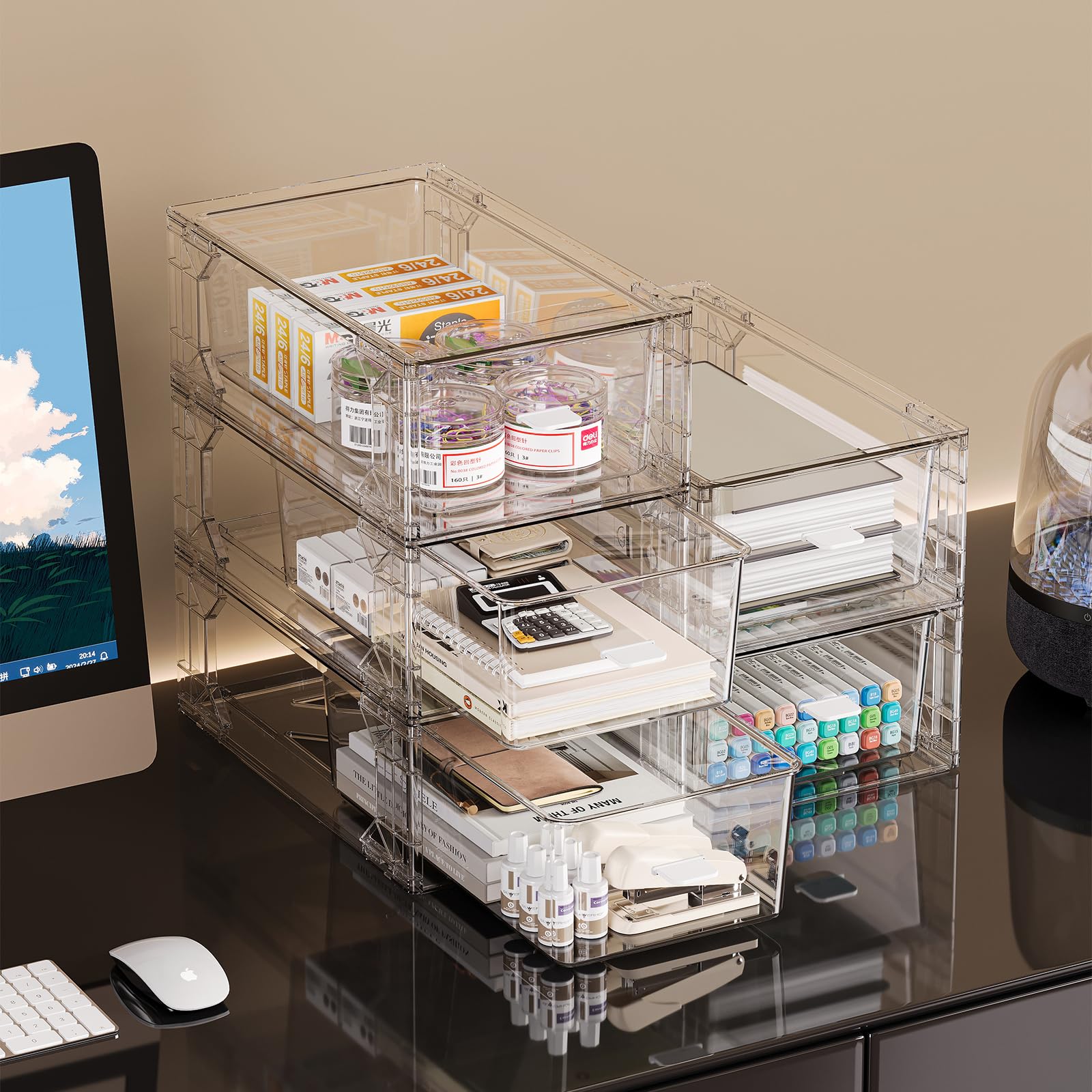 6er Set Transparente Aufbewahrungsboxen im Schubladenstil - Stapelbarer Medikamenten Organizer 31x18,5x11cm für Bad Küche Büro Kosmetika