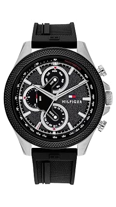 Tommy Hilfiger Mens Multifunction Quartz Watch 46mm Stainless Steel Case Racing-Inspired Design 5 ATM Water Resistant Elegant Modern