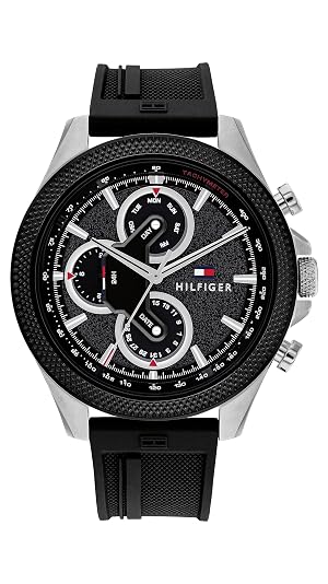 Tommy Hilfiger Mens Multifunction Quartz Watch 46mm Stainless Steel Case Racing-Inspired Design 5 ATM Water Resistant Elegant Modern
