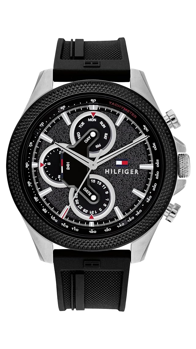 Tommy Hilfiger Mens Multifunction Quartz Watch 46mm Stainless Steel Case Racing-Inspired Design 5 ATM Water Resistant Elegant Modern