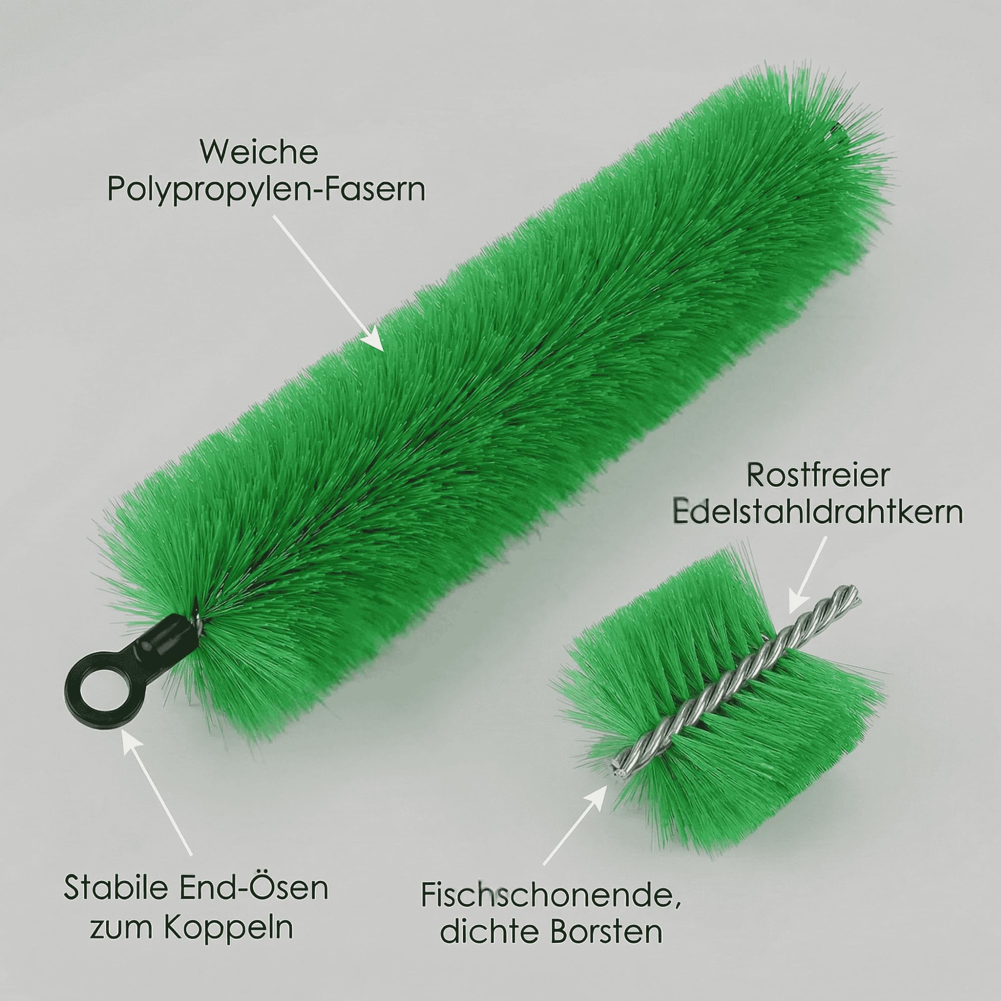 PondLife Laichbürste für Koi, flexible Ablaichhilfe für Teichfische, erweiterbar über Endösen, 200 cm Länge, Ø 14 cm, weiche PP-Fasern, rostfreier Drahtkern, Grün/Schwarz, Made in Germany