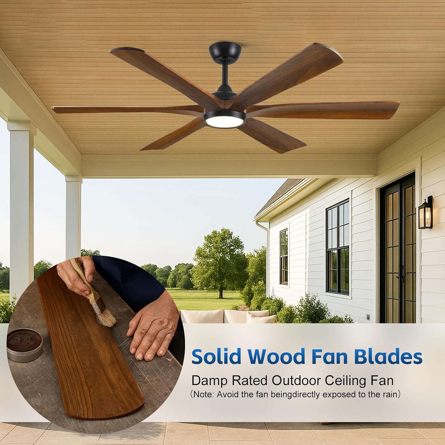 60 Inch Smart Outdoor Ceiling Fan with Lights, Alexa Wifi Remote Control, 8007 High CFM, Damp Rated Walnut Wood Blades, Modern Farmhouse for Indoor Exterior Patios Porch, for Sloped/Tall Ceiling
