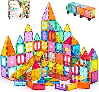 OugerToy 104PCS Magnetic Tiles STEM Building Blocks for Kids Ages 3-9 | Educational Stacking Toys with Car Bases, Creative Construction Gift for Boys Girls OugerToy