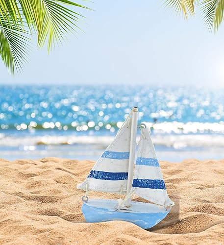 Miniatura 5 de Puzzled COTA Global - Decoración extra pequeña de barco a rayas azul claro, decoración de barco de madera hecha a mano, bonito estilo playa,