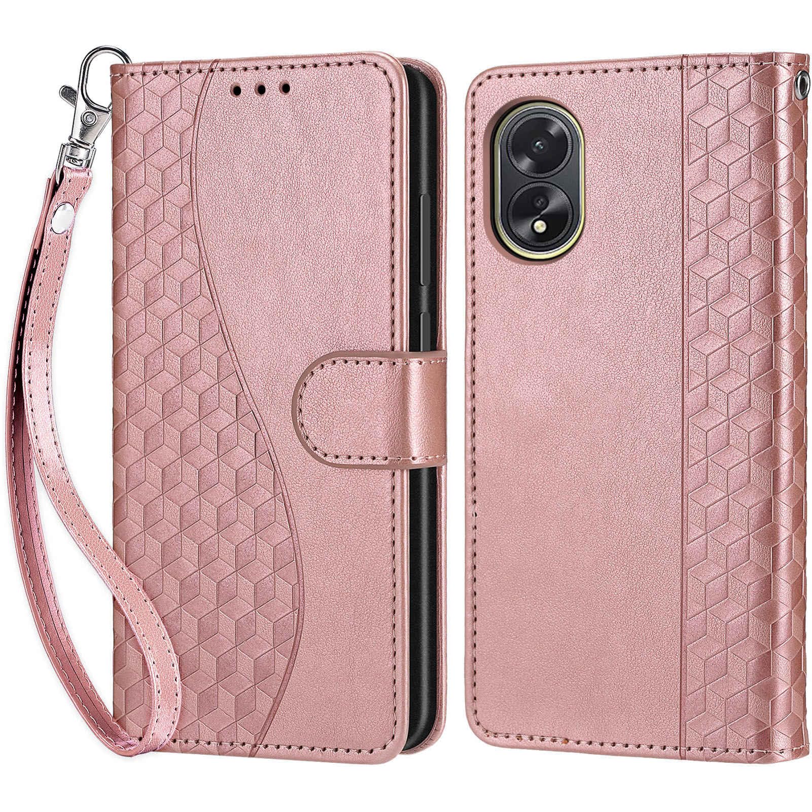 Rilievo Cover Per Oppo A18 E A38: Custodia Libro Floreale In Pelle PU Con Portafoglio E Supporto - Oro Rosa - 2